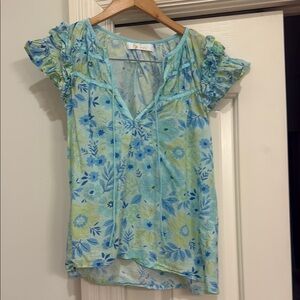 Blue and Green Flutter Sleeve Blouse with Tie Front
